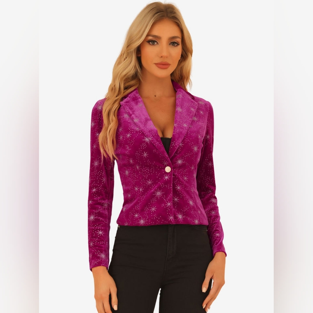 Allegra K Metallic Star Single Button Velvet Lapel Crop Blazer in Hot Pink